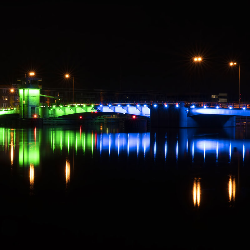 Downtown Green Bay bridge lit up at night