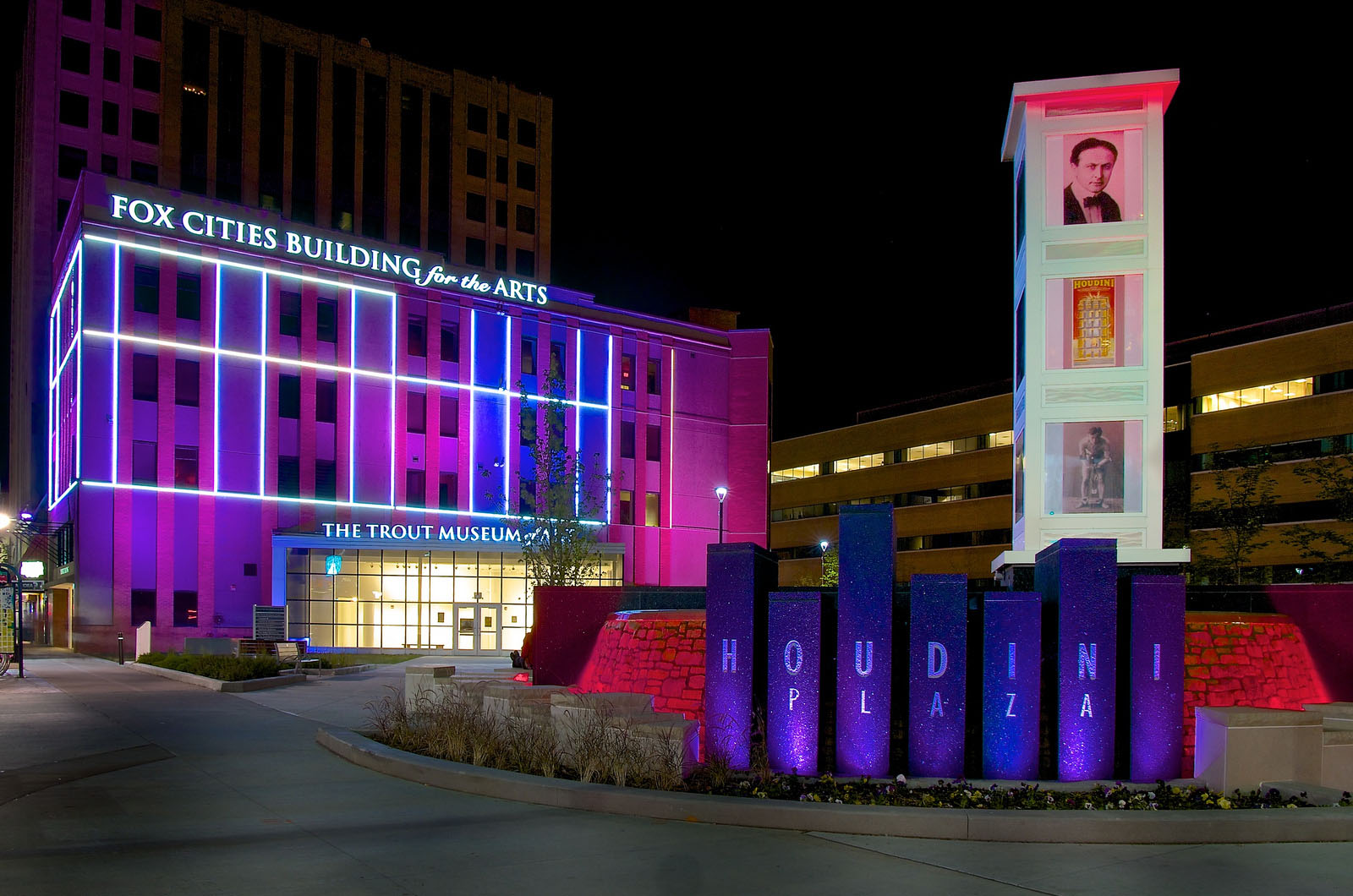 Houdini Plaza in downtown Appleton, WI lit up at night
