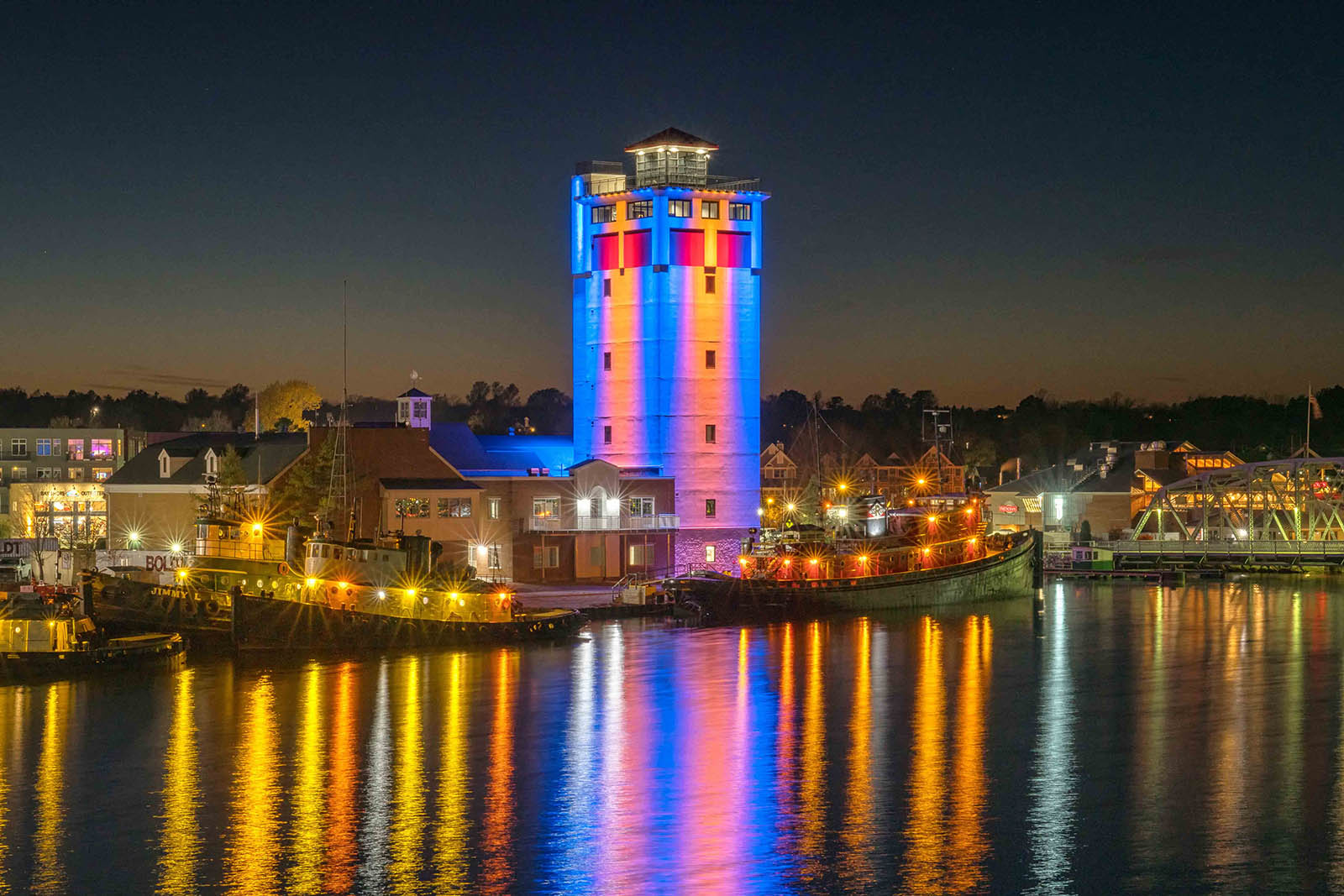 The 11 story tower with Blue and Orange color-changing LED lights at the Door County Maritime Museum in Sturgeon Bay, WI