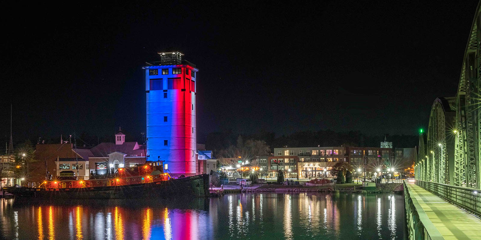 The 11 story tower with red, white and blue color-changing LED lights at the Door County Maritime Museum in Sturgeon Bay, WI