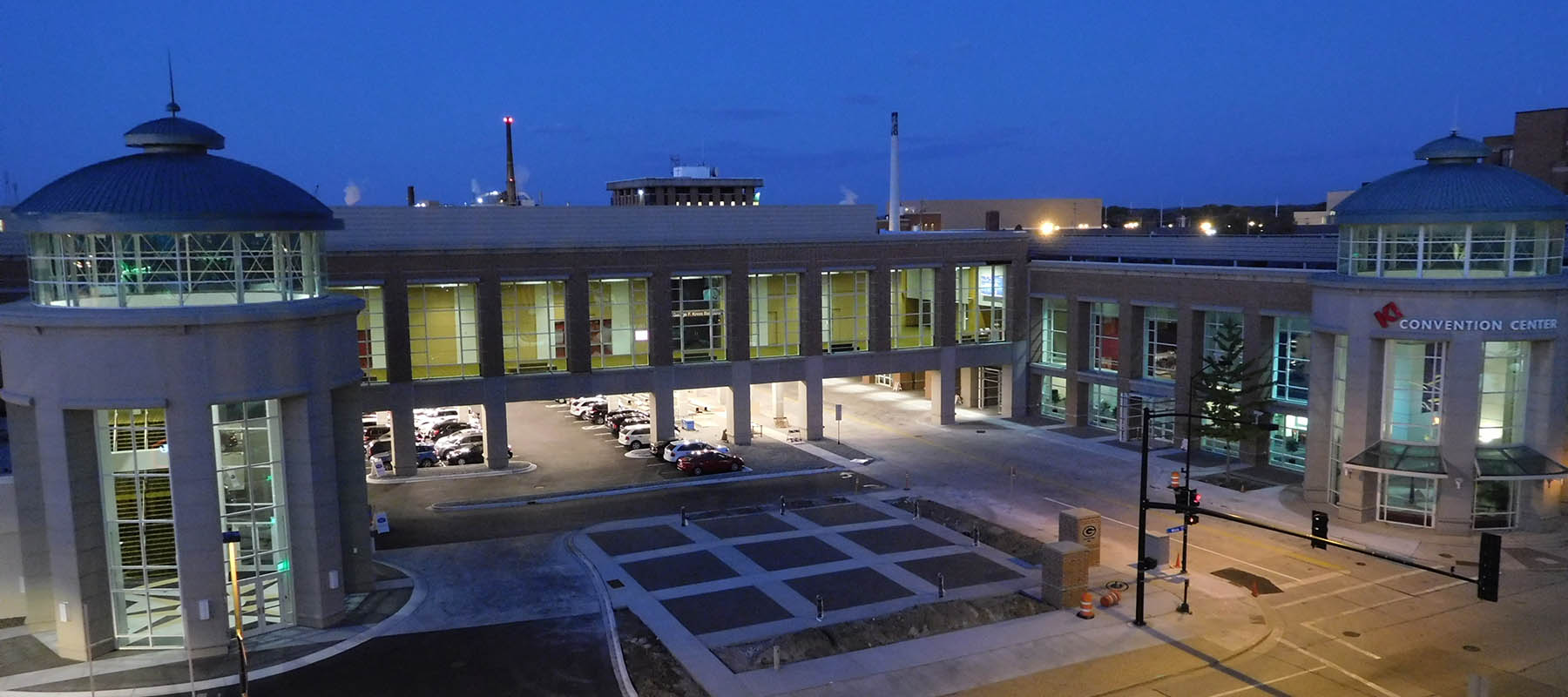 Aerial view of the exterior of the KI Convention Center in downtown Green Bay, WI