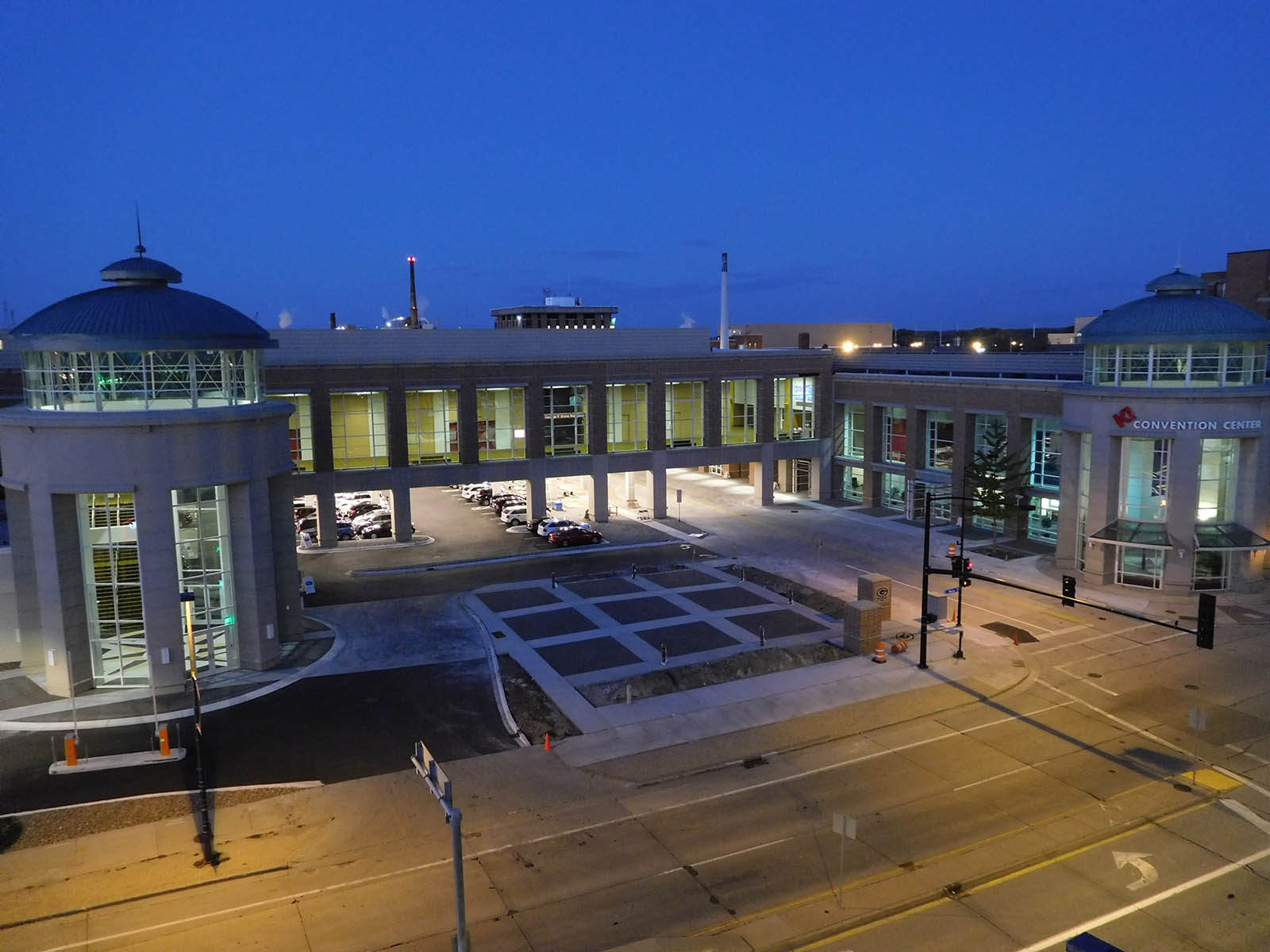 Aerial view of the exterior of the KI Convention Center in downtown Green Bay, WI