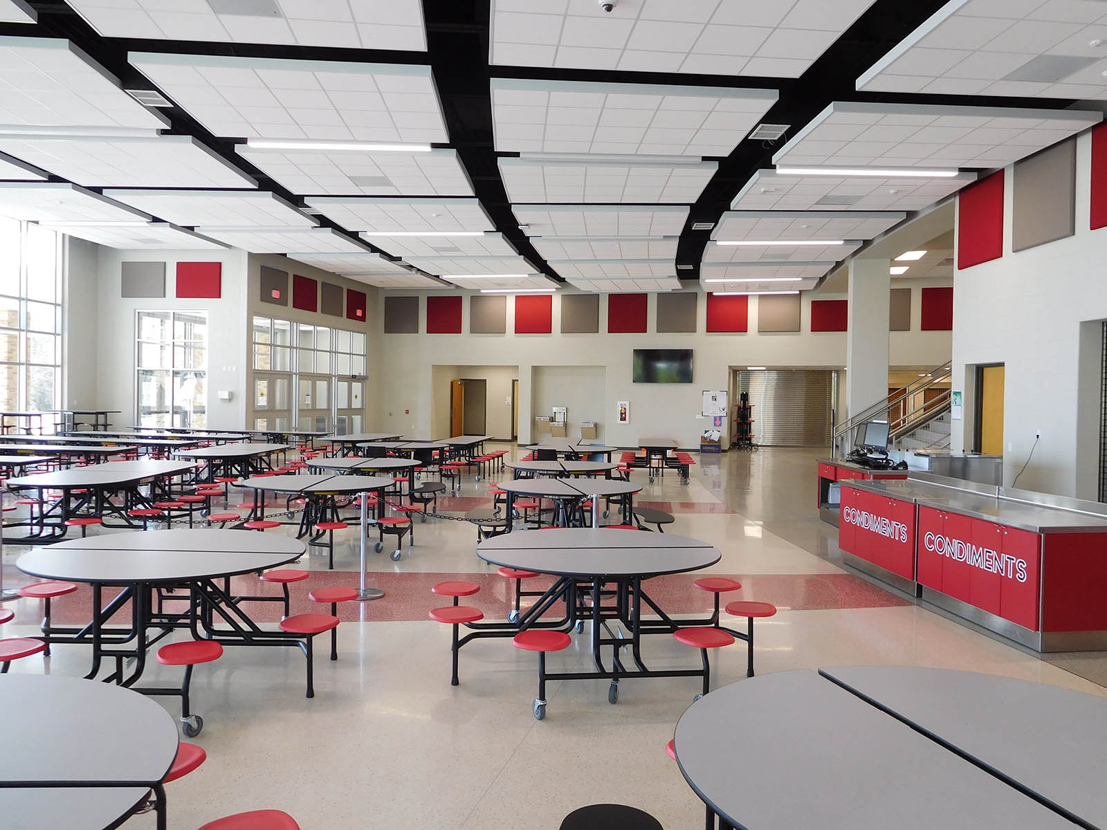 Cafeteria filled with tables at the Edison Middle School