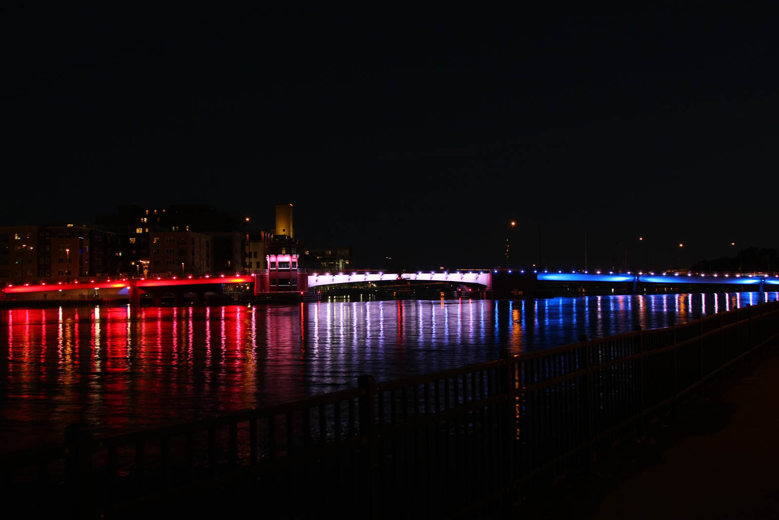 Red, white, and blue LED lighting patterns on the Ray Nitschke (Main St.) bridge in Green Bay, WI