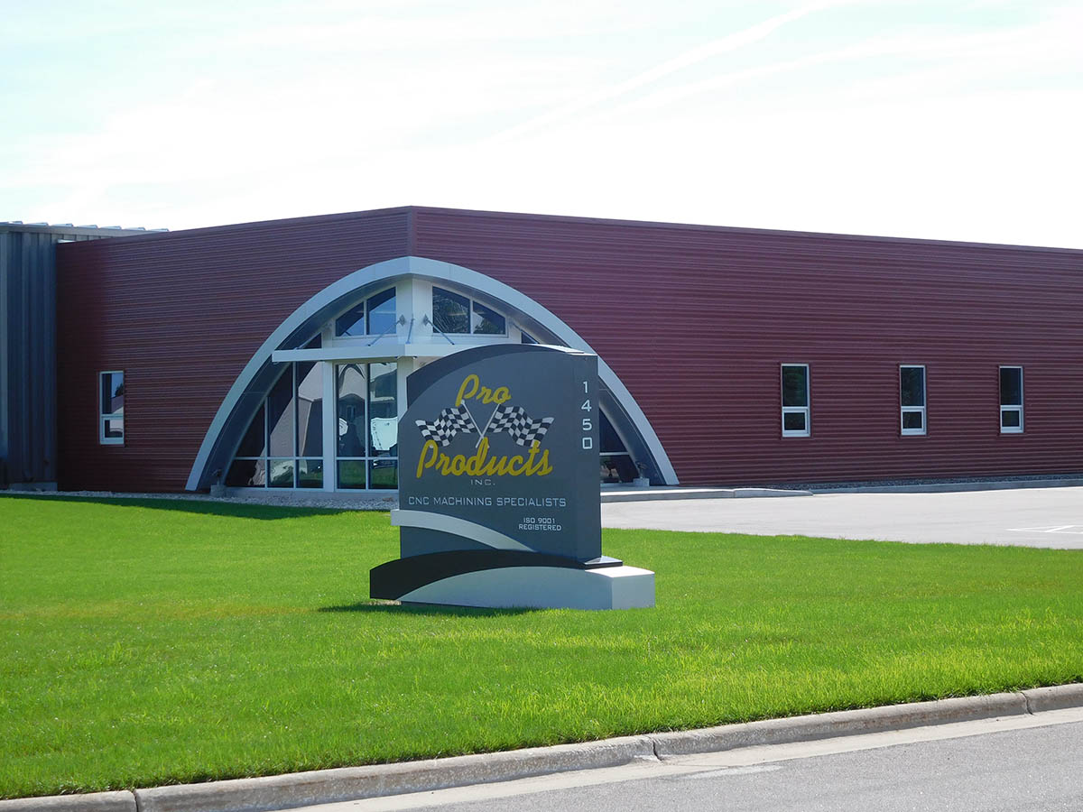 Exterior view and signage at Pro Products in Sturgeon Bay, WI