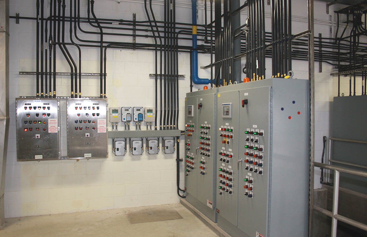 Electrical boxes and wiring in a large water/waste facility